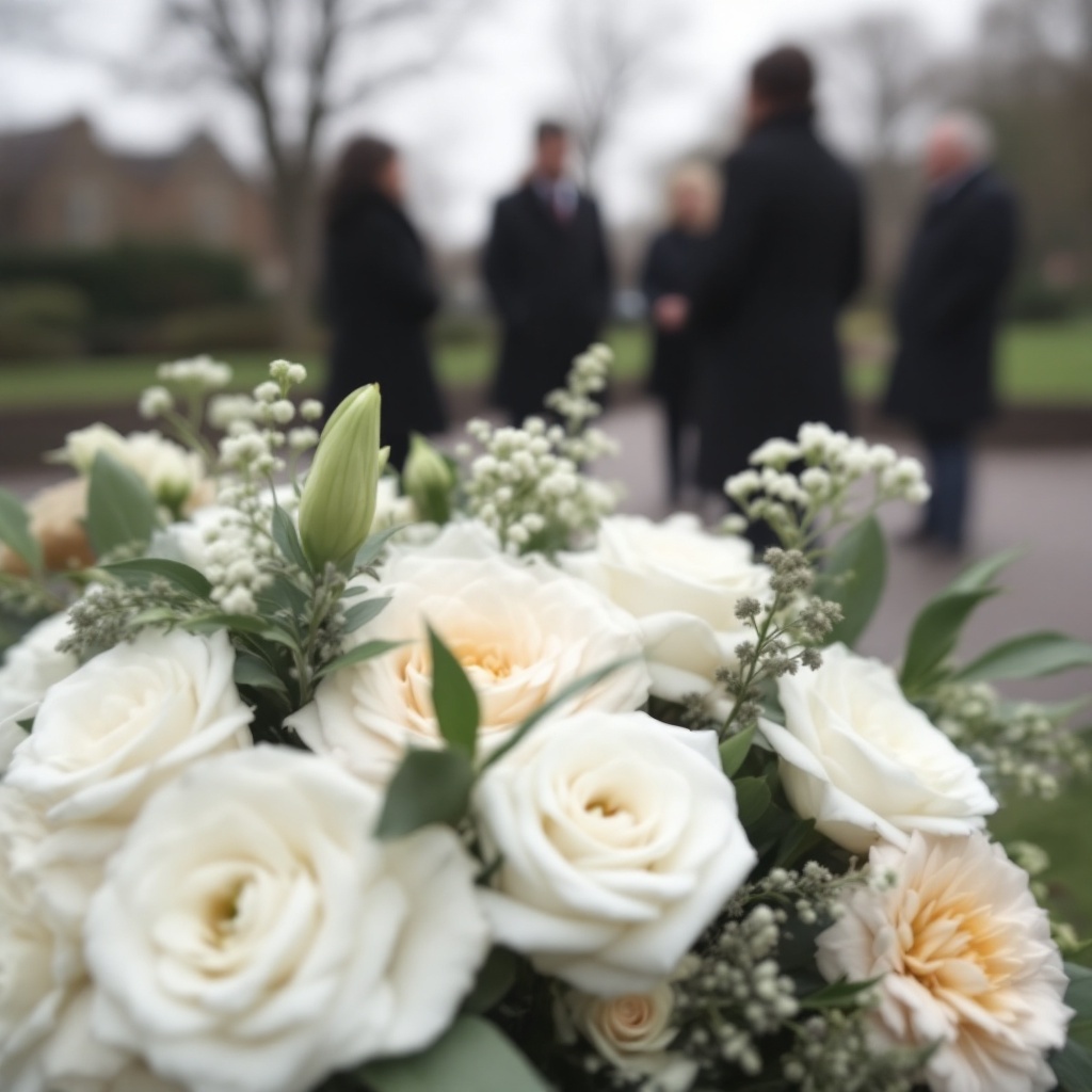 Mourners standing at a graveside in the rain, seen from behind, with white flowers in the foreground.