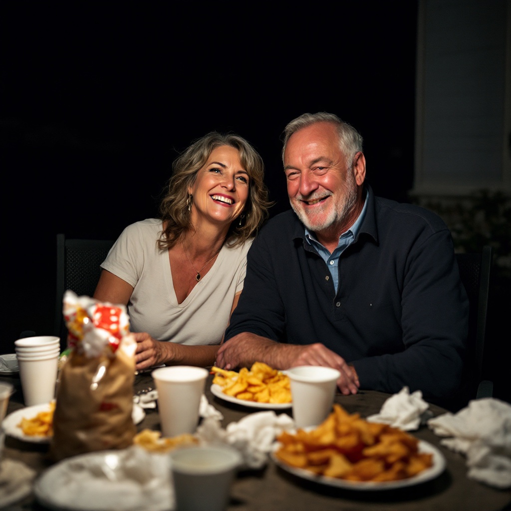 An older couple laughing together at a backyard barbecue in the evening.
